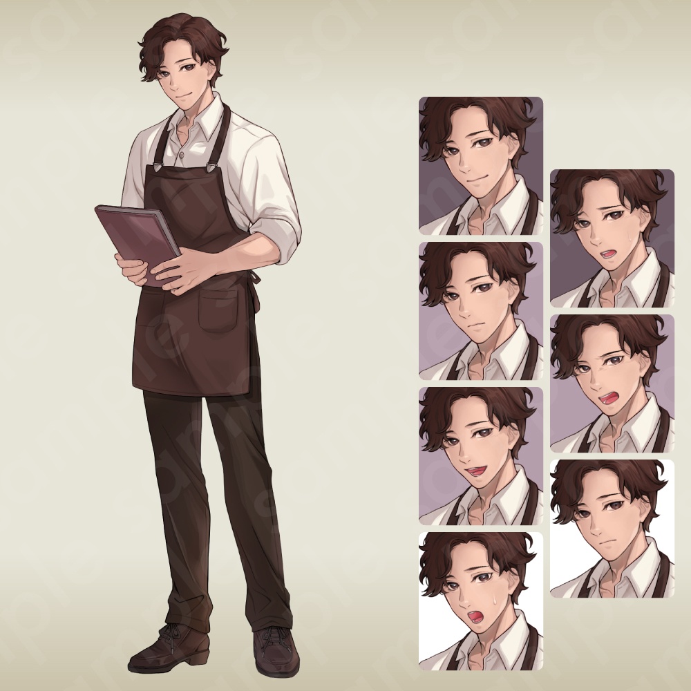 【立ち絵素材】落ち着いた茶髪の好青年キャラクター・茶色エプロンのカフェ店員風デザイン・表情7種