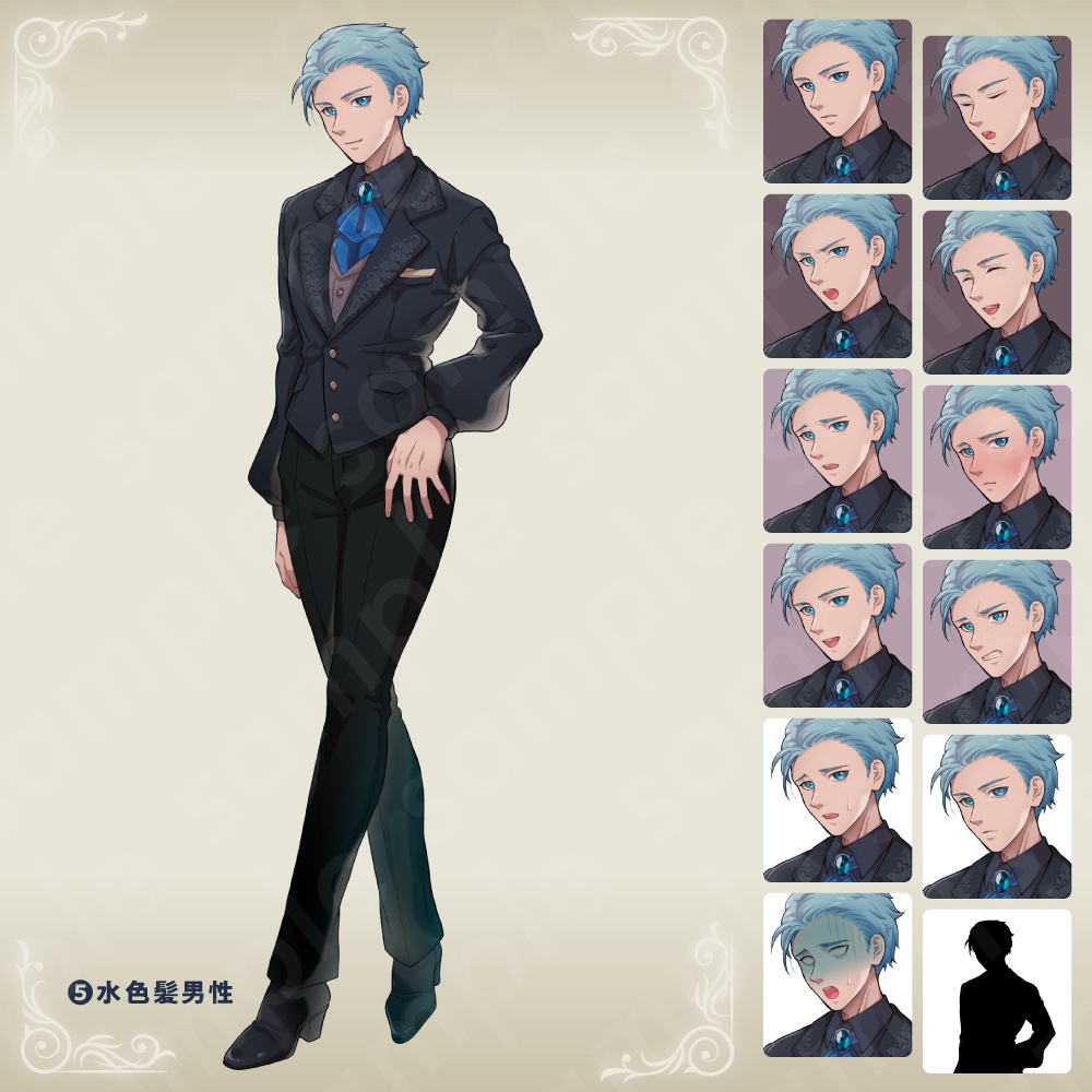 【立ち絵素材】ファンタジー貴族風の男性キャラ・表情13種×5種髪型