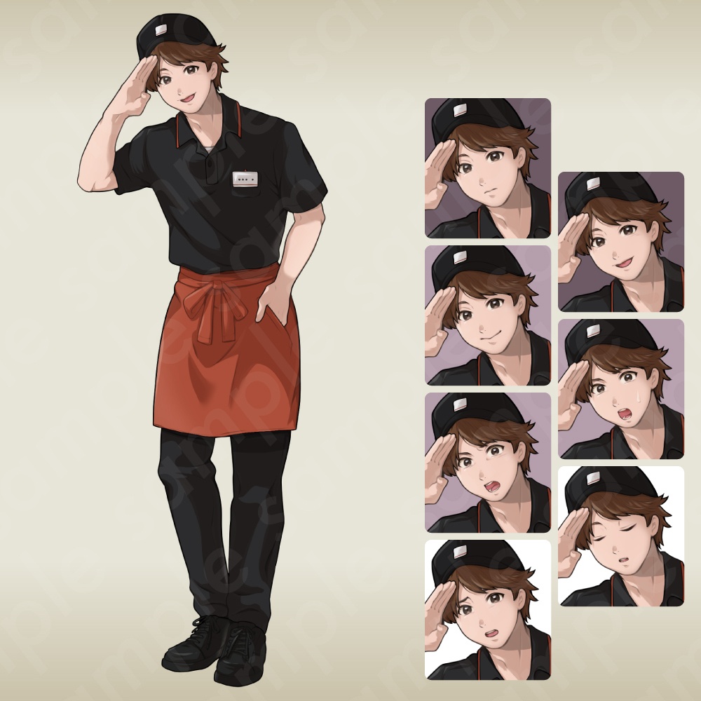 【立ち絵素材】人懐っこいファストフード店員の男性キャラクター・茶髪・表情7種