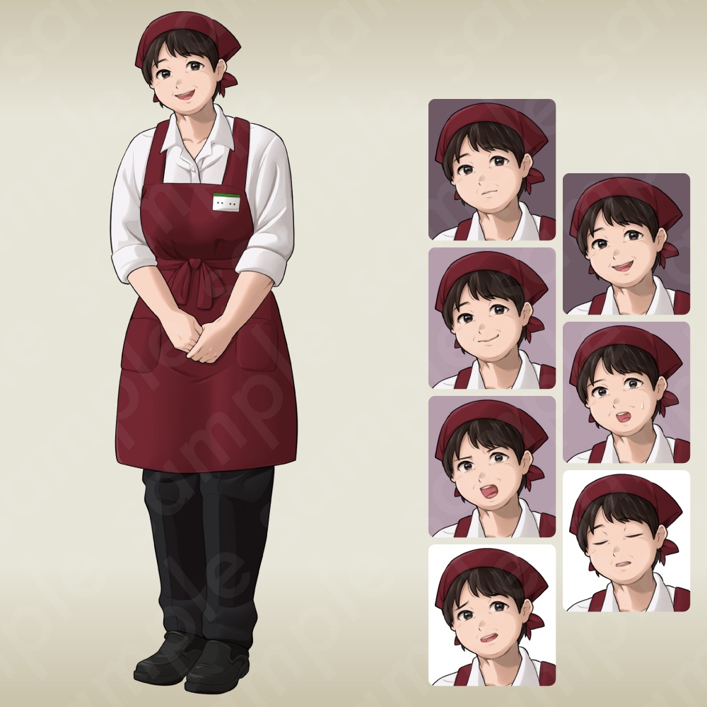 【立ち絵素材】親切で話しやすいスーパー店員の女性キャラクター・ふくよかな体型・表情7種
