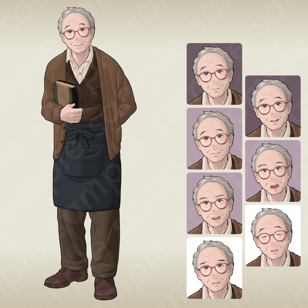 【現代モブキャラセット Vol.1 店員編】コンビニ・ファストフード・スーパー・古本屋・オタク店員の立ち絵素材5人セット・表情差分あり