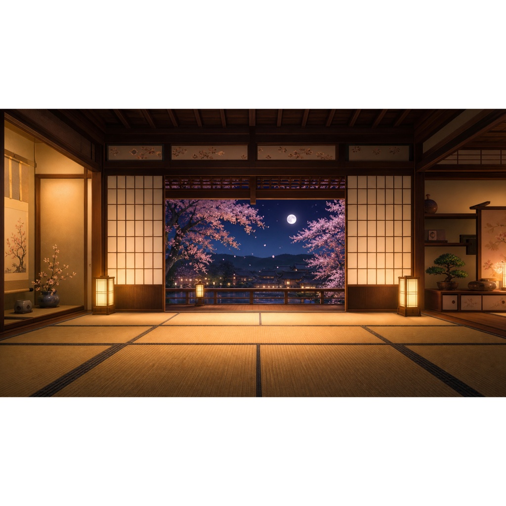 【VTuber配信用素材】夜桜の和室背景&前景ローテーブルセット