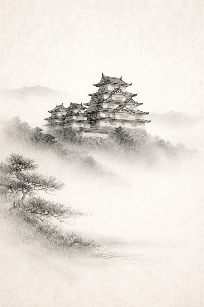 【AIアート3枚セット】日本の象徴・水墨画シリーズ(姫路城)Sumi-e Series (Himeji Castle)