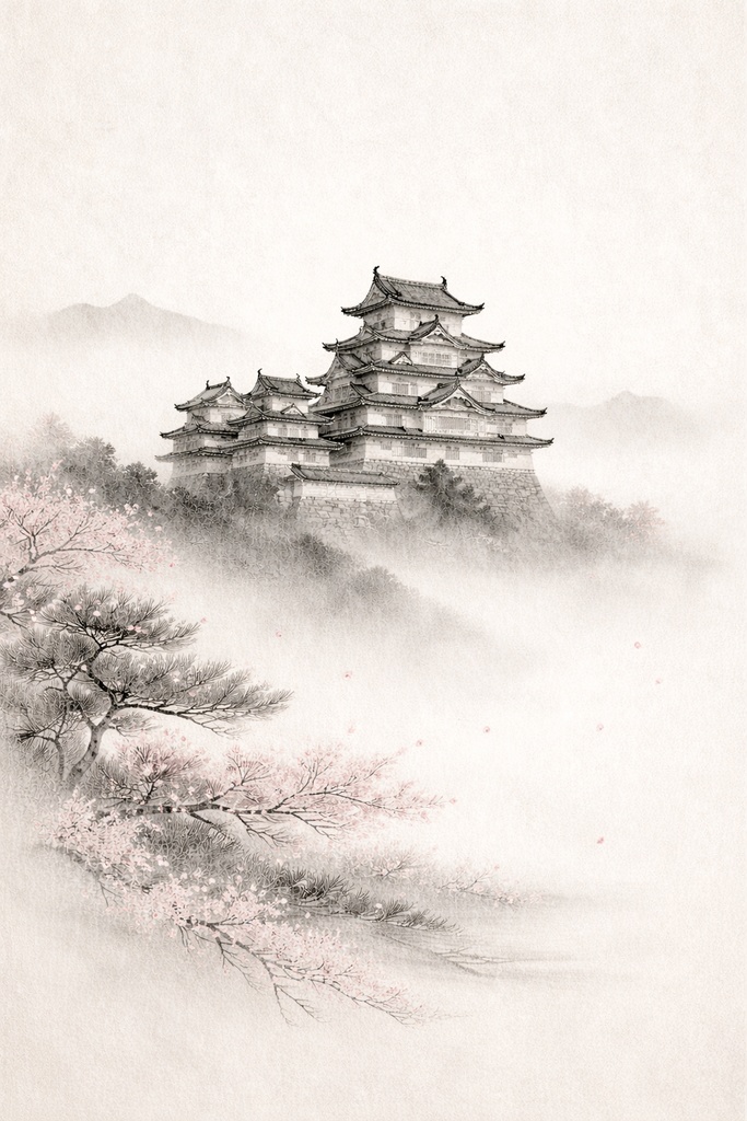 【AIアート3枚セット】日本の象徴・水墨画シリーズ(姫路城)Sumi-e Series (Himeji Castle)