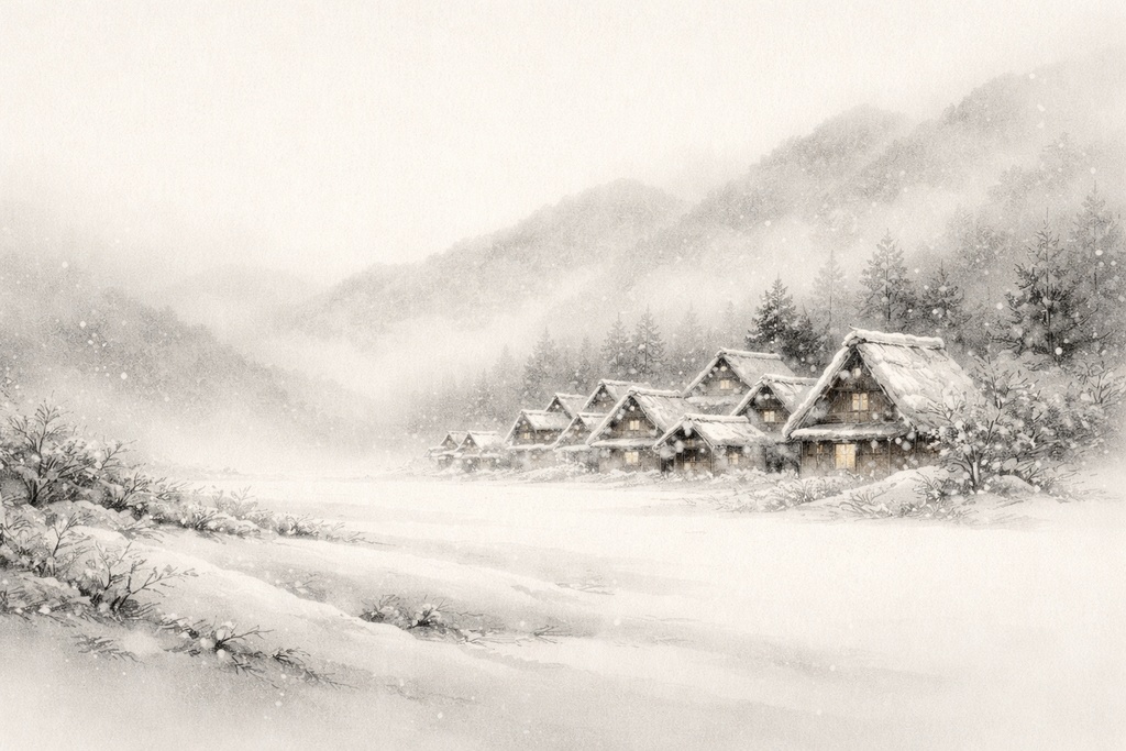 静寂の余白 ― 白川郷 水墨画三部作 / Silence in Negative Space — Shirakawa-go Sumi-e Trilogy