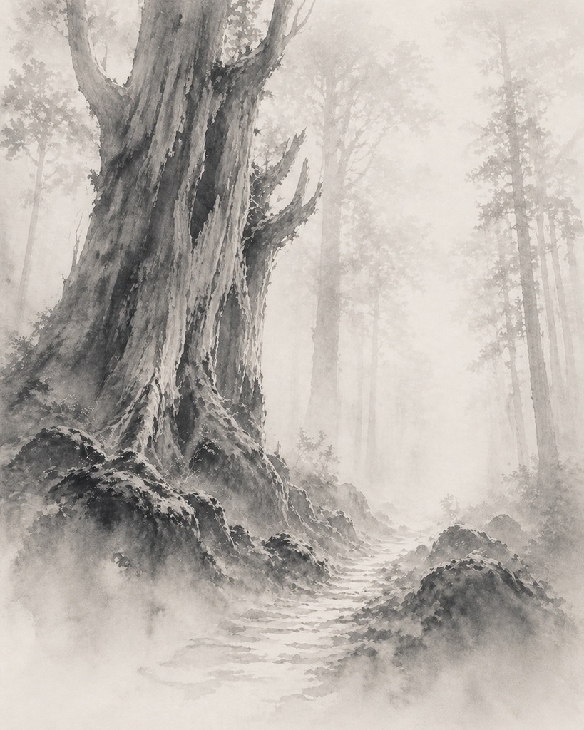 屋久島 ― 静寂の森(水墨画三部作) / Yakushima — Forest of Silence (Sumi-e Triptych)