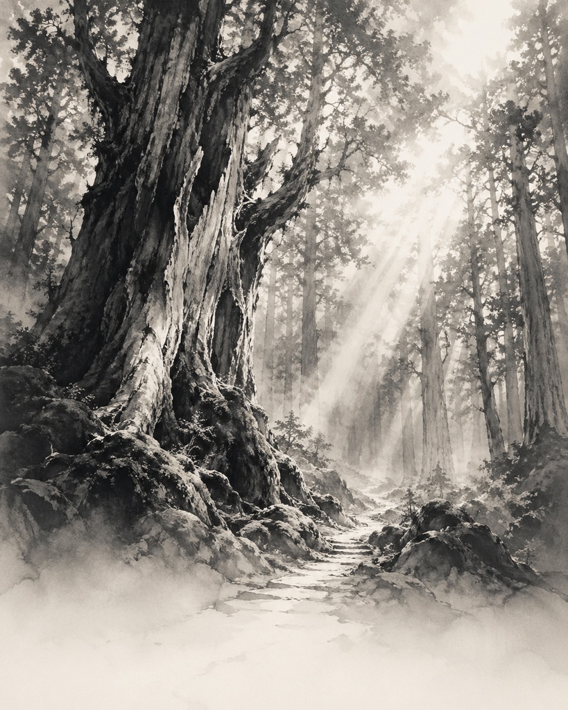 屋久島 ― 静寂の森(水墨画三部作) / Yakushima — Forest of Silence (Sumi-e Triptych)