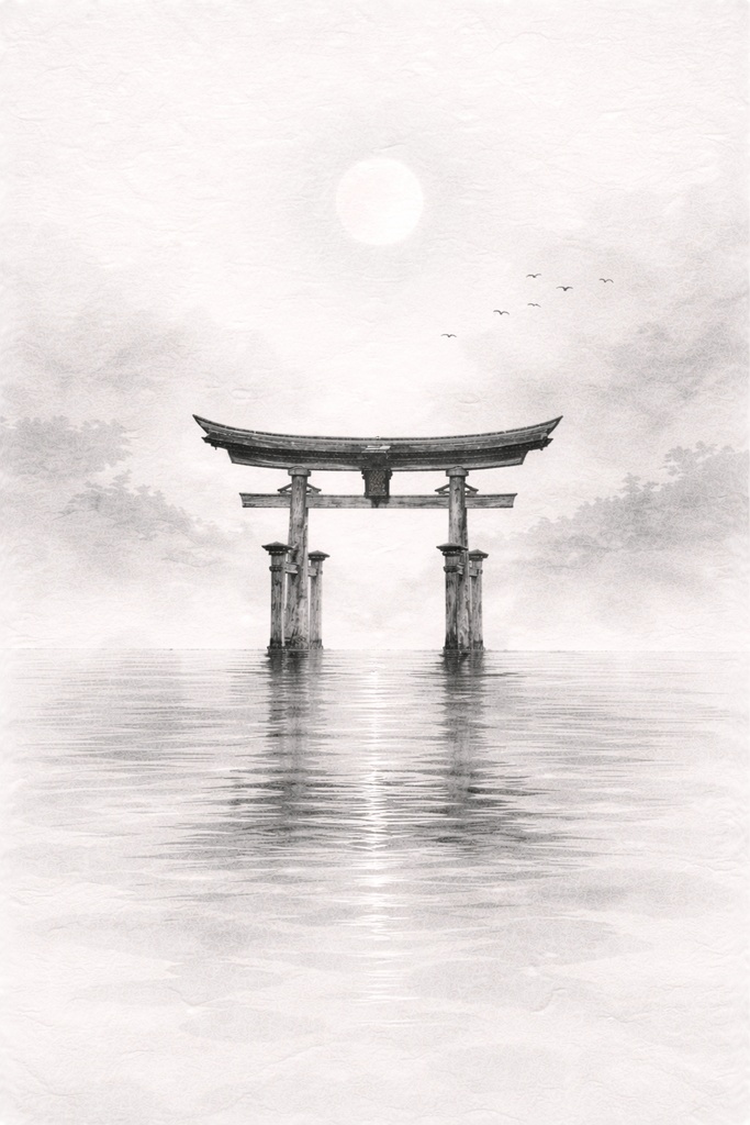 静寂の水鏡 — 厳島神社 水墨三景 / Reflections of Silence — Itsukushima Shrine Sumi-e Trilogy