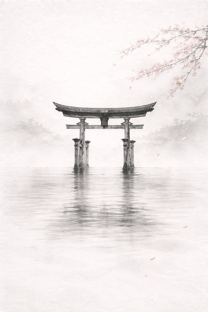 静寂の水鏡 — 厳島神社 水墨三景  /  Reflections of Silence — Itsukushima Shrine Sumi-e Trilogy