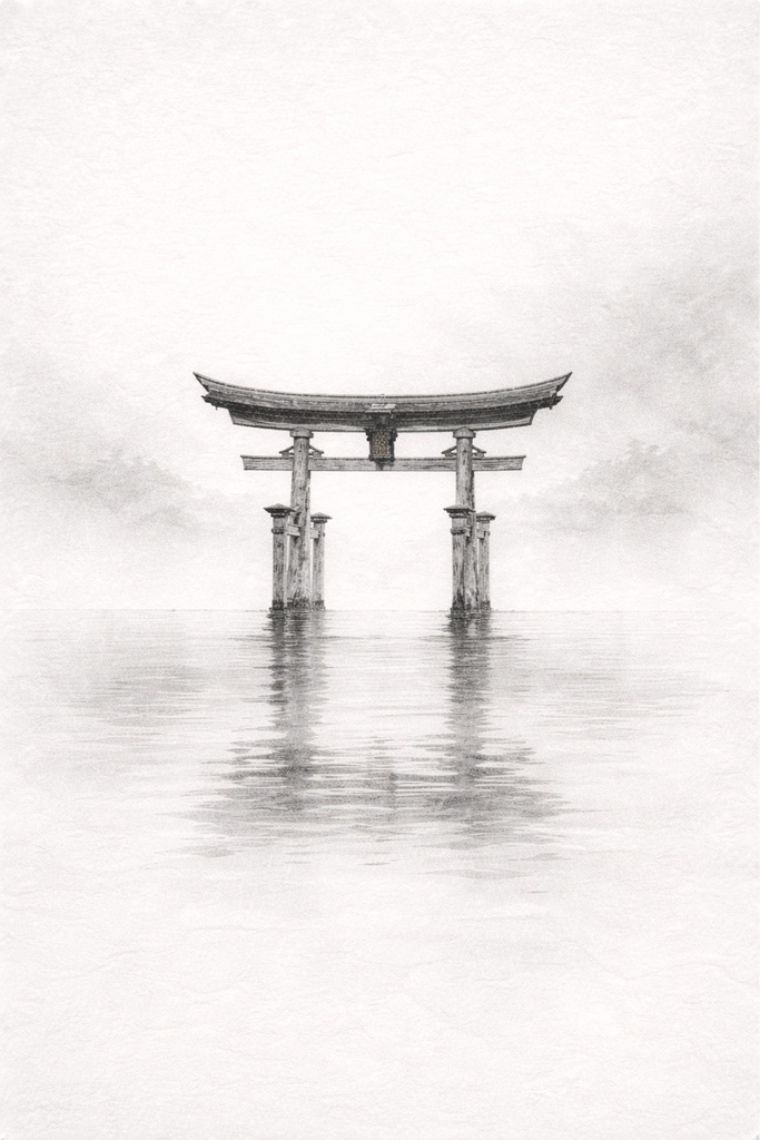 静寂の水鏡 — 厳島神社 水墨三景 / Reflections of Silence — Itsukushima Shrine Sumi-e Trilogy