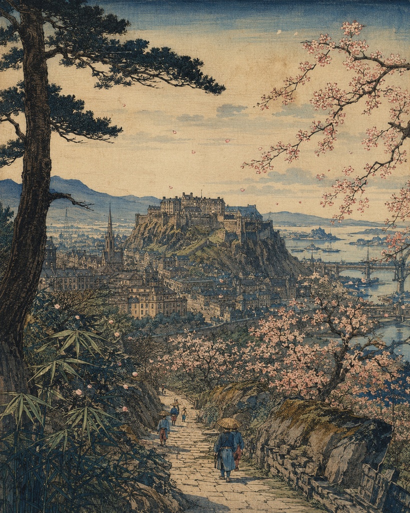 【AI浮世絵シリーズ】エディンバラ城 四季巡礼|春・夏・秋・冬+旅人の視点 豪華5枚セット(デジタルアート)