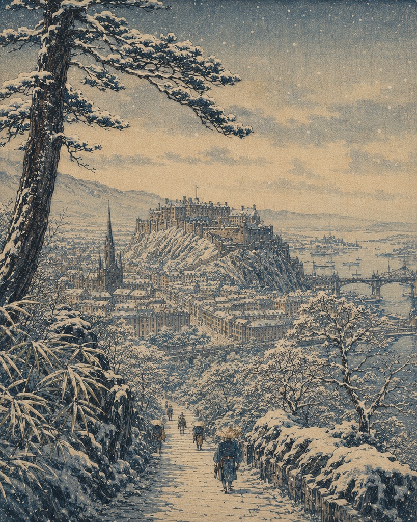 【AI浮世絵シリーズ】エディンバラ城 四季巡礼|春・夏・秋・冬+旅人の視点 豪華5枚セット(デジタルアート)