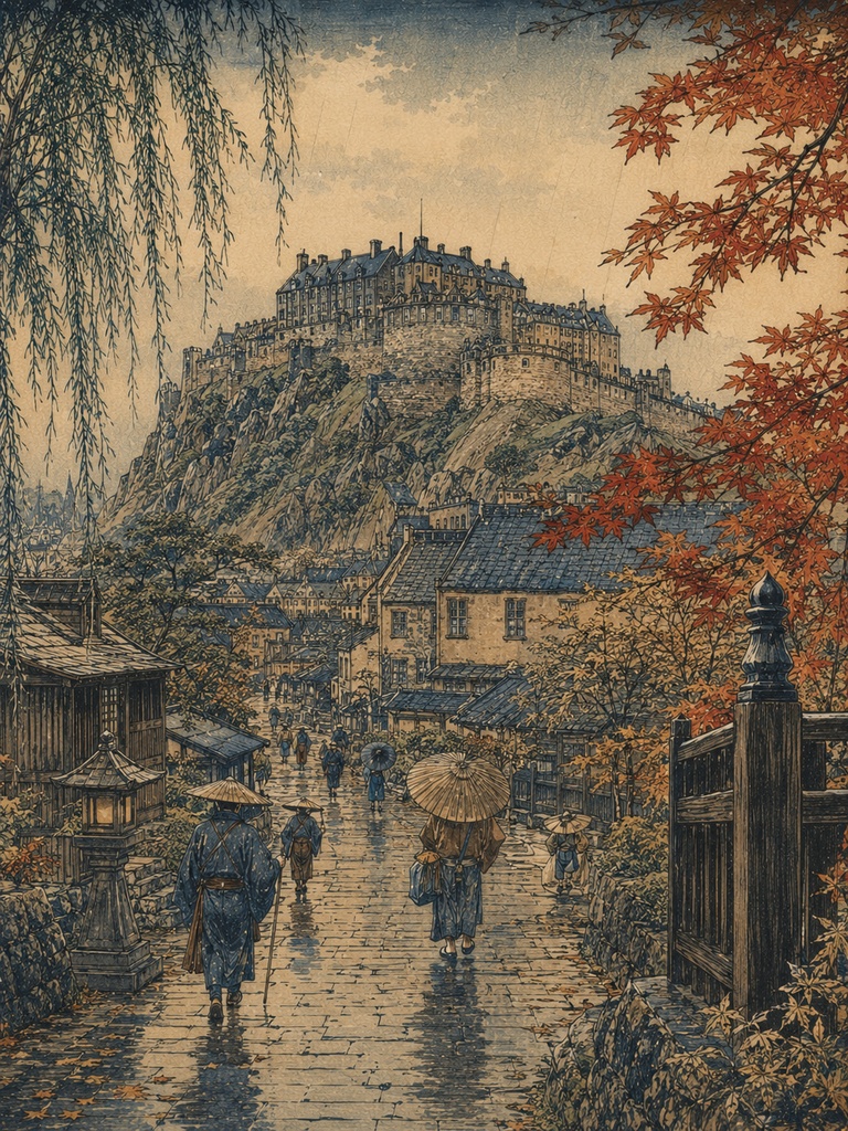 【AI浮世絵シリーズ】エディンバラ城 四季巡礼|春・夏・秋・冬+旅人の視点 豪華5枚セット(デジタルアート)