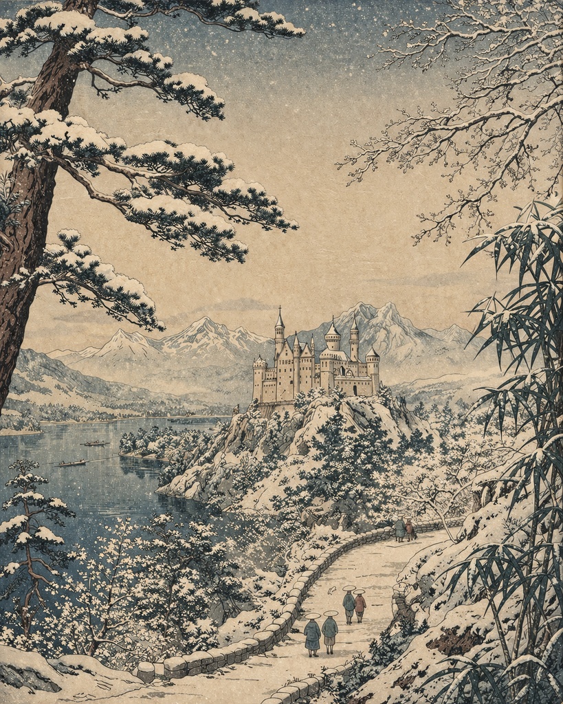 【AI浮世絵】ホーエンシュヴァンガウ城 四季巡景|美術館品質デジタルアート5枚セット