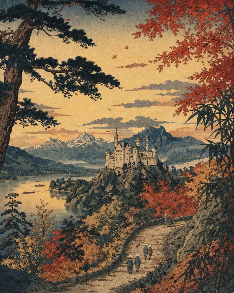 【AI浮世絵】ホーエンシュヴァンガウ城 四季巡景|美術館品質デジタルアート5枚セット