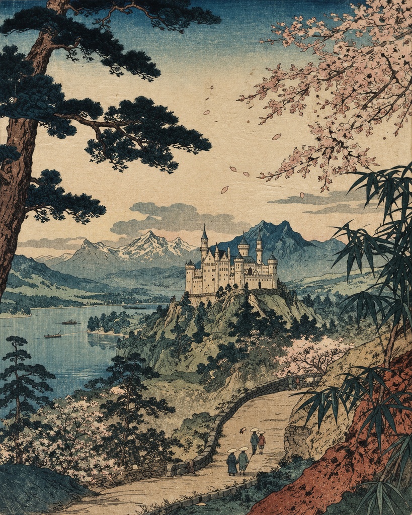 【AI浮世絵】ホーエンシュヴァンガウ城 四季巡景|美術館品質デジタルアート5枚セット