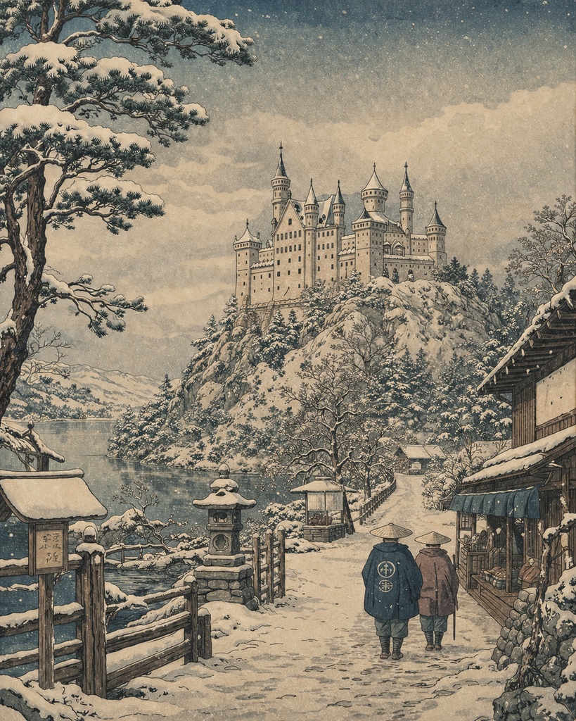 【AI浮世絵】ホーエンシュヴァンガウ城 四季巡景|美術館品質デジタルアート5枚セット