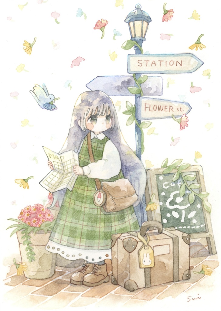 花の降る街へようこそ【女の子イラスト】