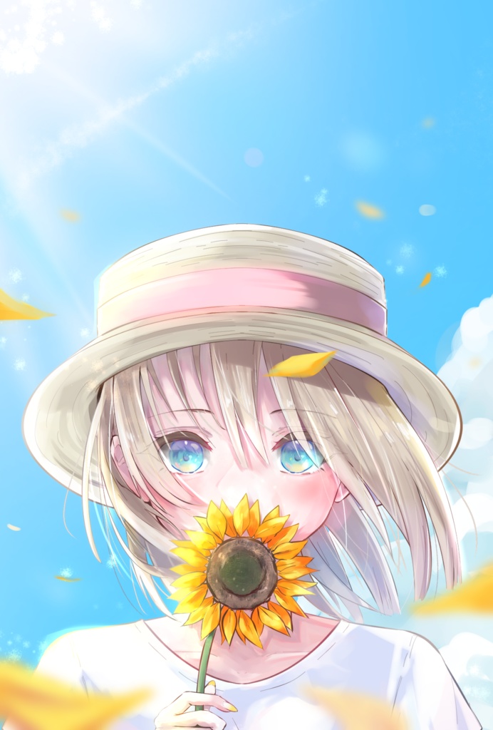 ひまわりと夏空と少女の記憶｜透明感ある高解像度イラスト素材【商用OK】