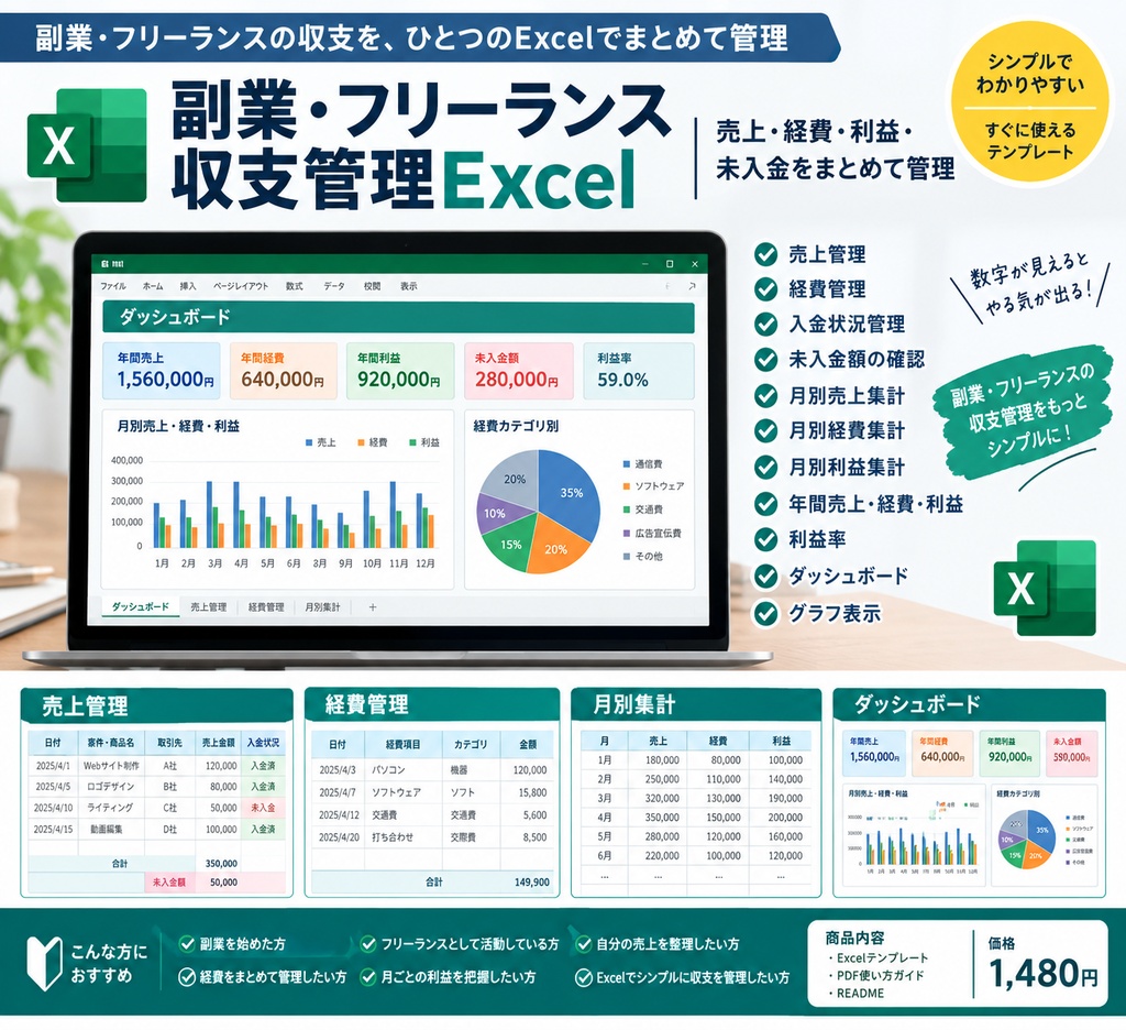 副業・フリーランス収支管理Excel｜売上・経費・利益・未入金をまとめて管理