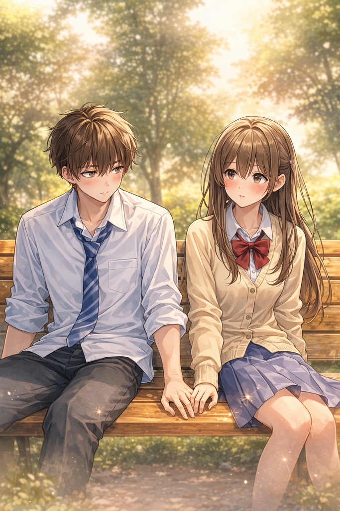 公園のふたり｜少女漫画風 縦長イラスト（PNG）