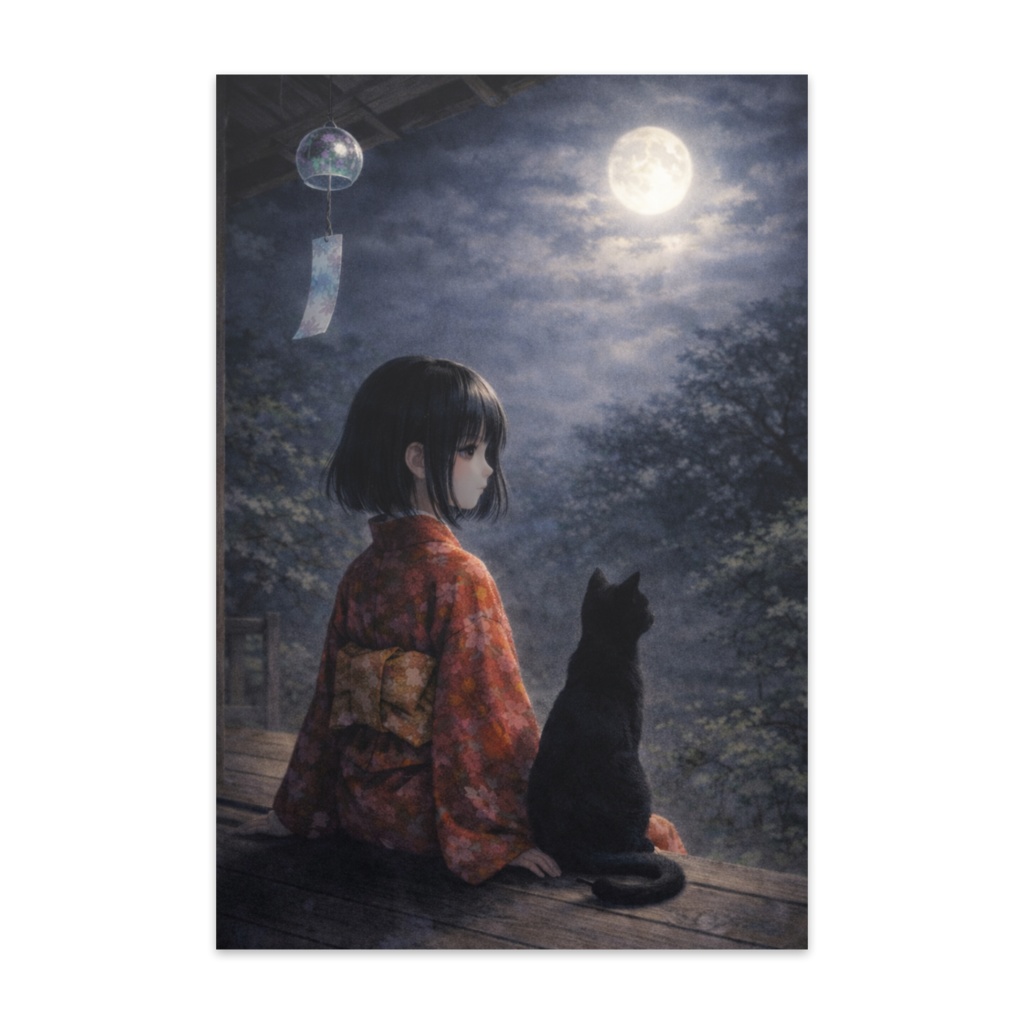 夏夜の座敷童と黒猫　ポストカード10枚セット　Postcard
