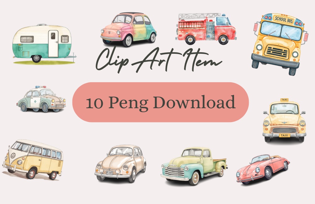 水彩レトロカー素材セット｜背景透過PNG10点