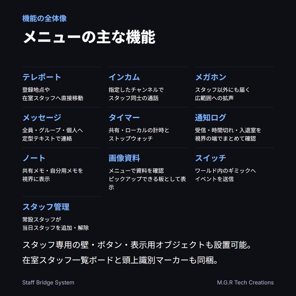 【リリース記念セール中】【VRChatワールド用】Staff Bridge System【イベント運営支援ギミック】