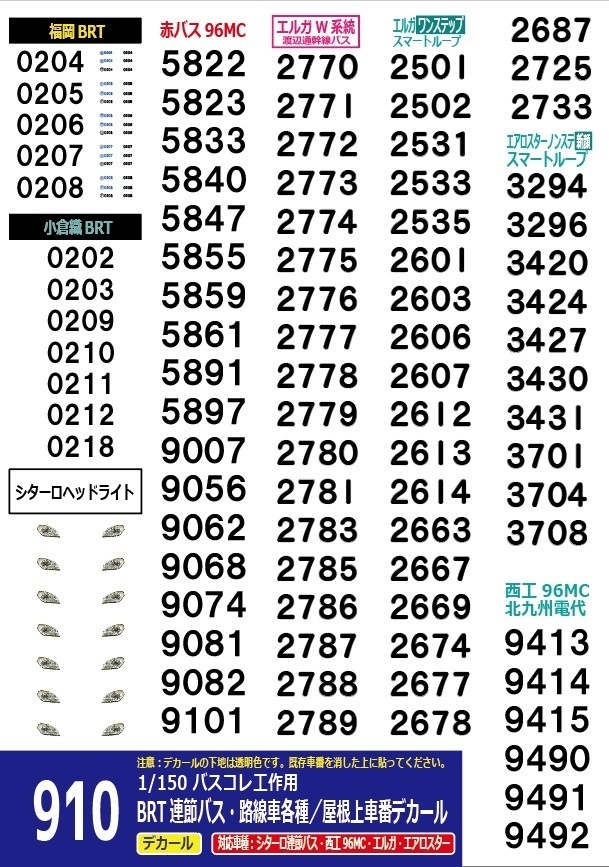 【1/150 バスコレ工作用デカール】BRT連節バス・路線車各種 車番等デカール No:910
