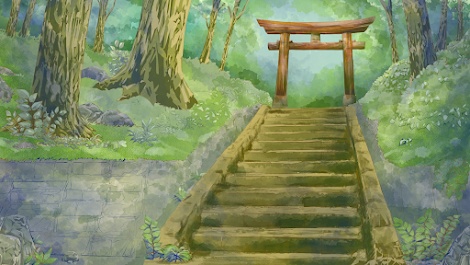 森の石段と鳥居の背景イラスト