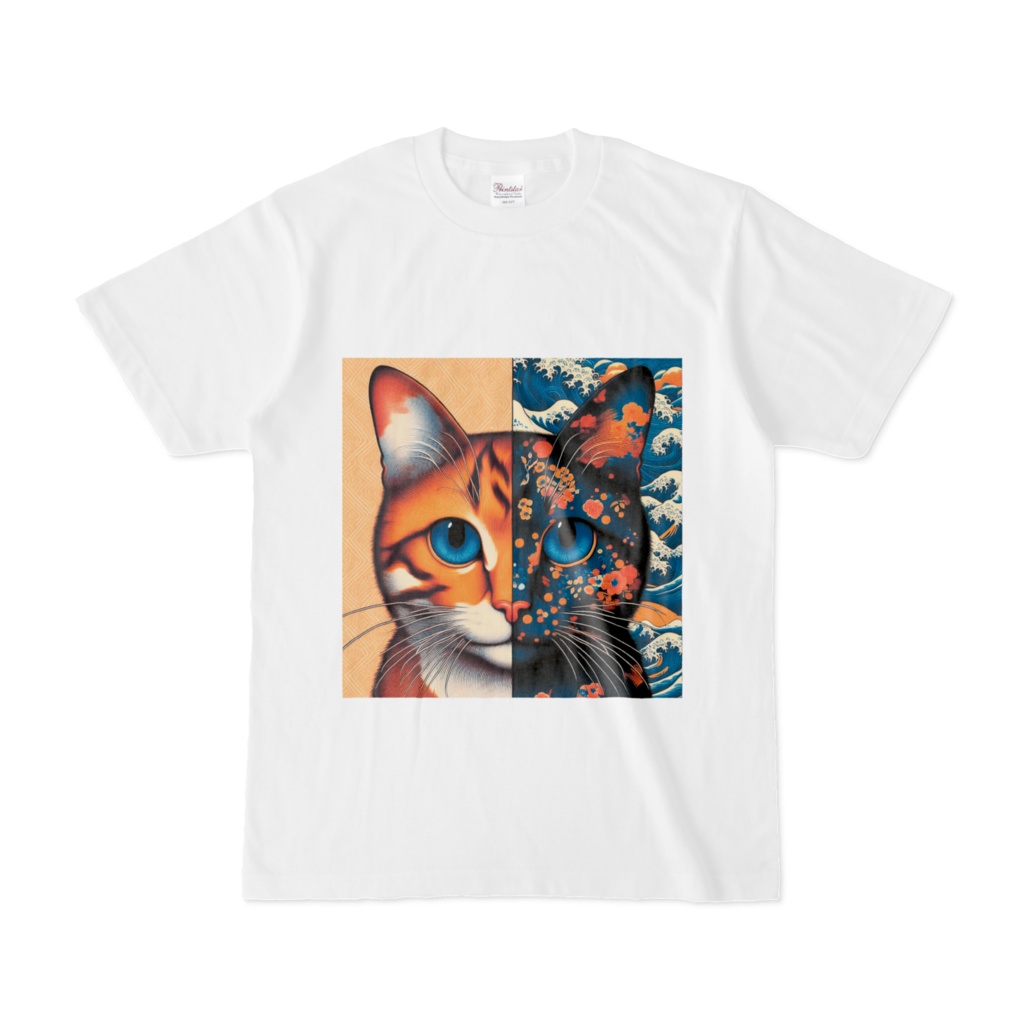 半分和柄ネコ Tシャツ