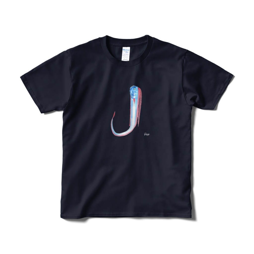 リュウグウ文字Tシャツ"J"(短納期、片面、ネイビー)