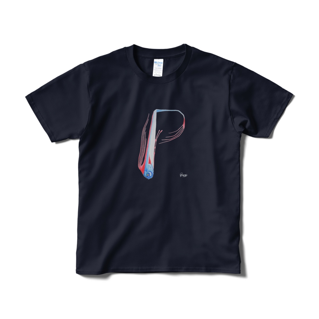 リュウグウ文字Tシャツ"P"(短納期、片面、ネイビー)