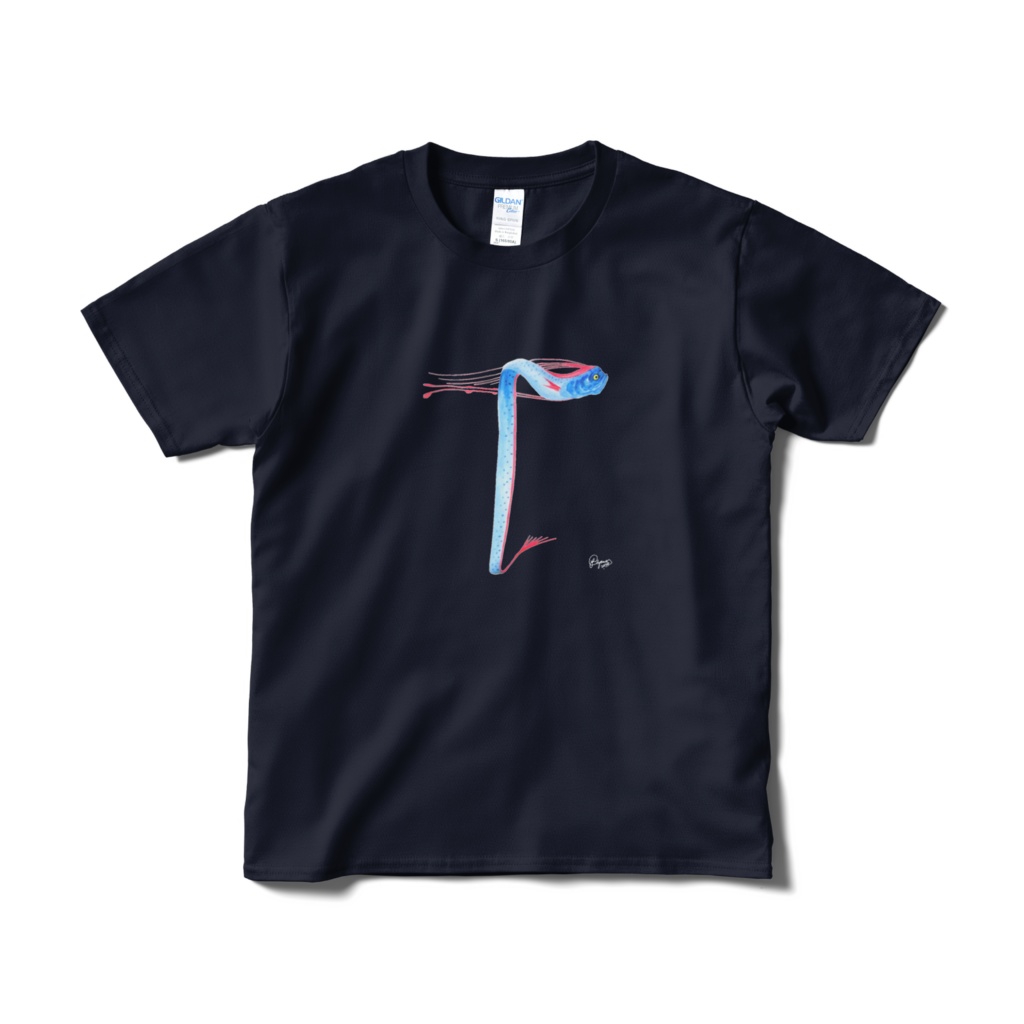 リュウグウ文字Tシャツ"T"(短納期、片面、ネイビー)