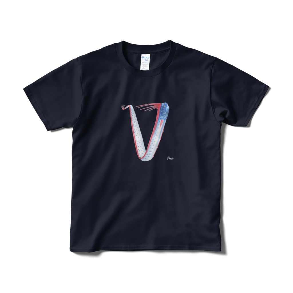リュウグウ文字Tシャツ"V"(短納期、片面、ネイビー)