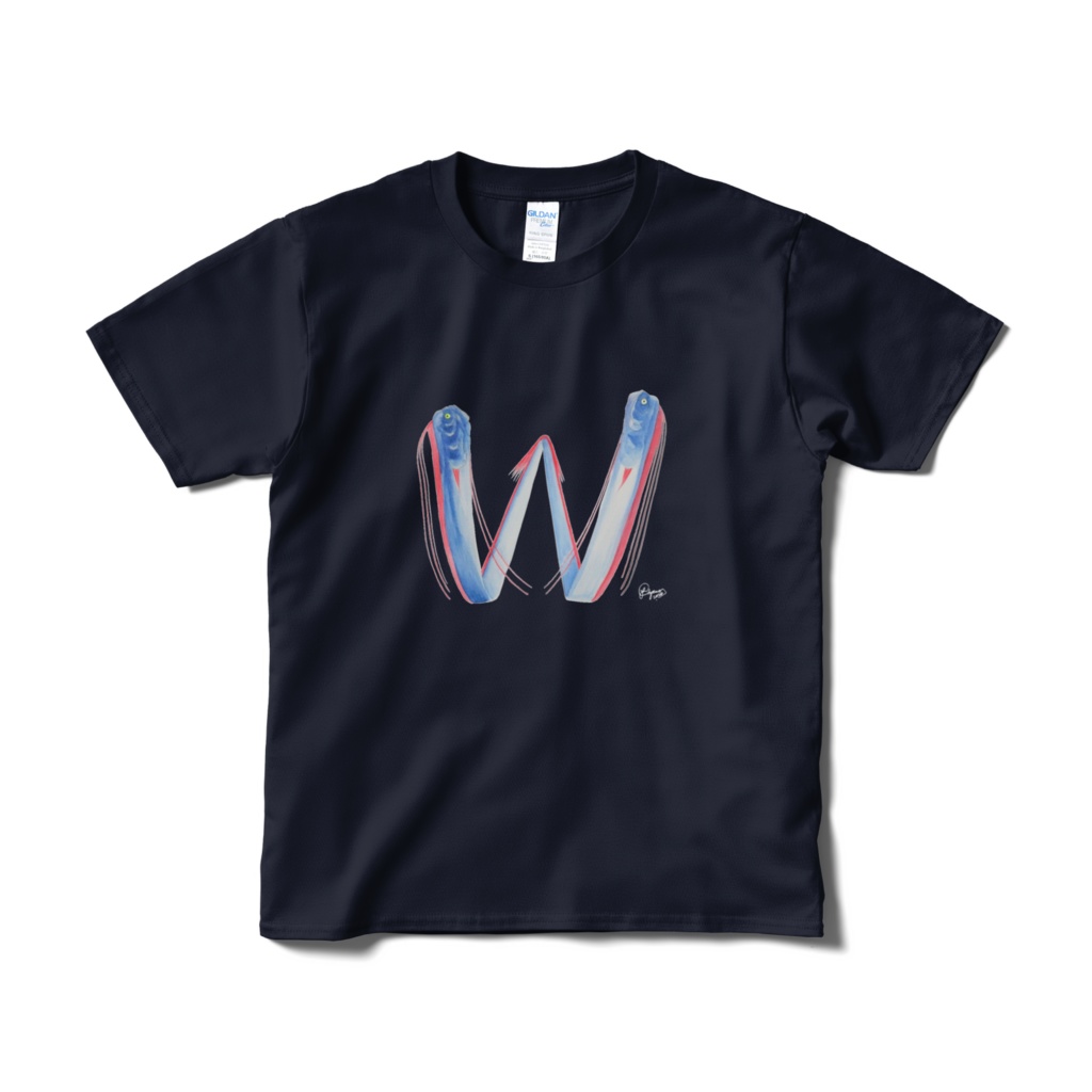 リュウグウ文字Tシャツ"W"(短納期、片面、ネイビー)