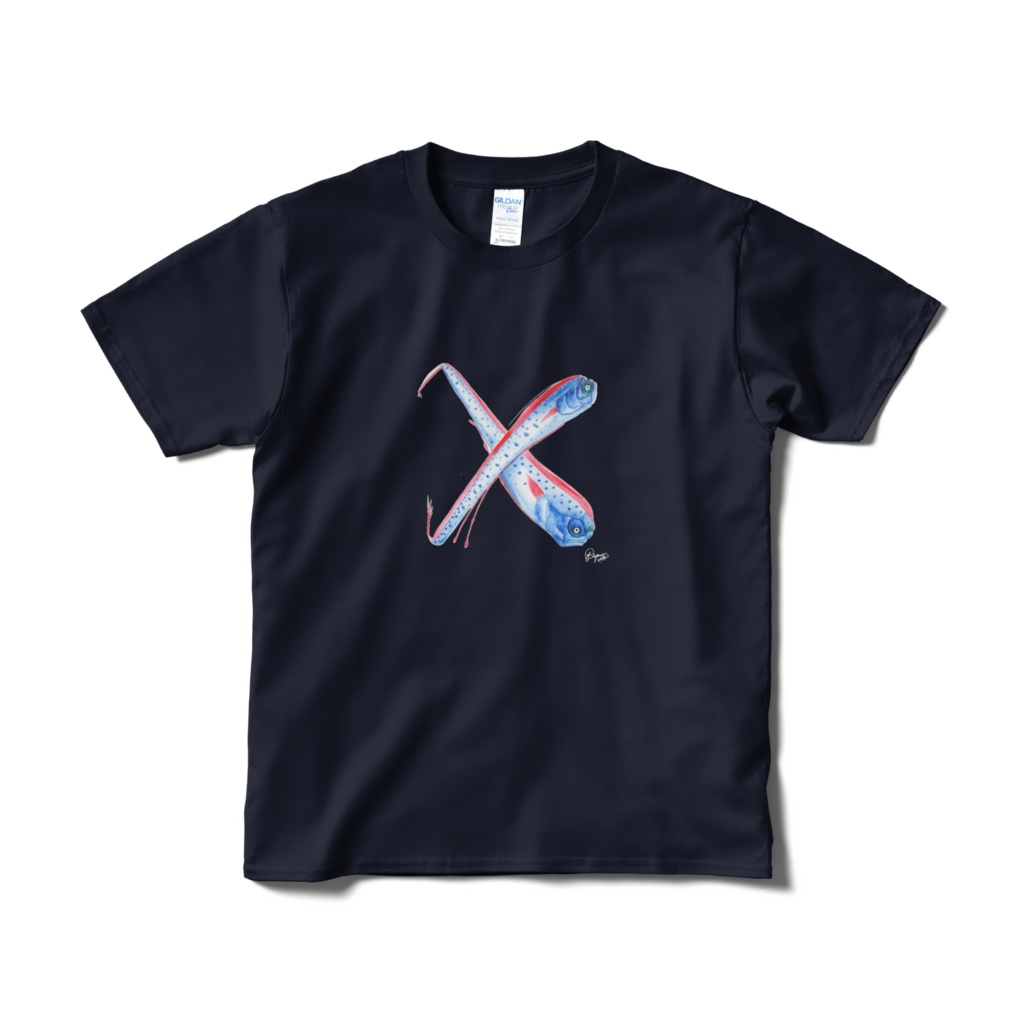 リュウグウ文字Tシャツ"X"(短納期、片面、ネイビー)