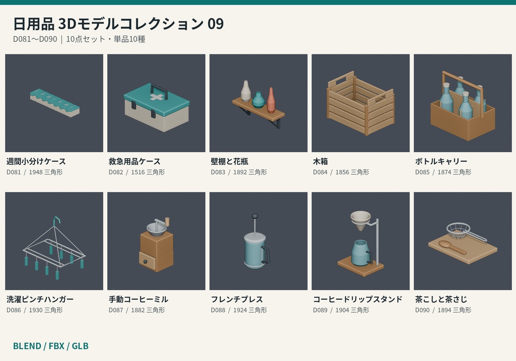 【3Dモデル素材】日用品 09|週間小分けケースほか10点|単品・10点セット