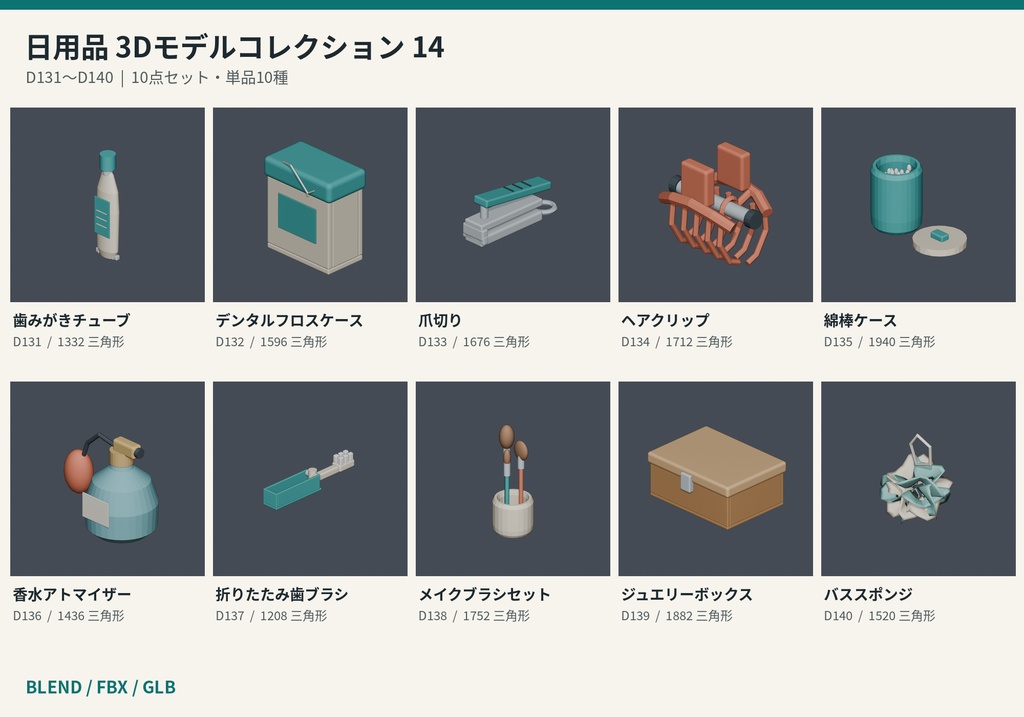 【3Dモデル素材】日用品 14｜歯みがきチューブほか10点｜単品・10点セット