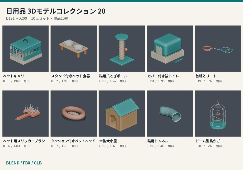 【3Dモデル素材】日用品 20|ペットキャリーほか10点|単品・10点セット