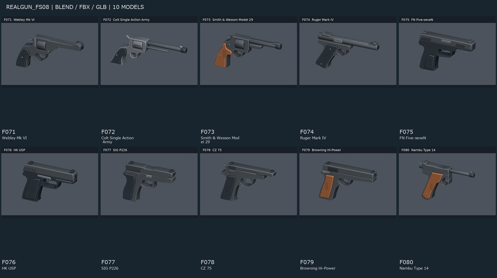 【3Dモデル素材】非作動・銃の外観プロップ FS08|Webley Mk VIほか10点|単品・10点セット