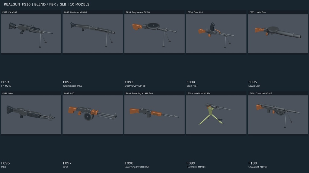 【3Dモデル素材】非作動・銃の外観プロップ FS10|FN M249ほか10点|単品・10点セット