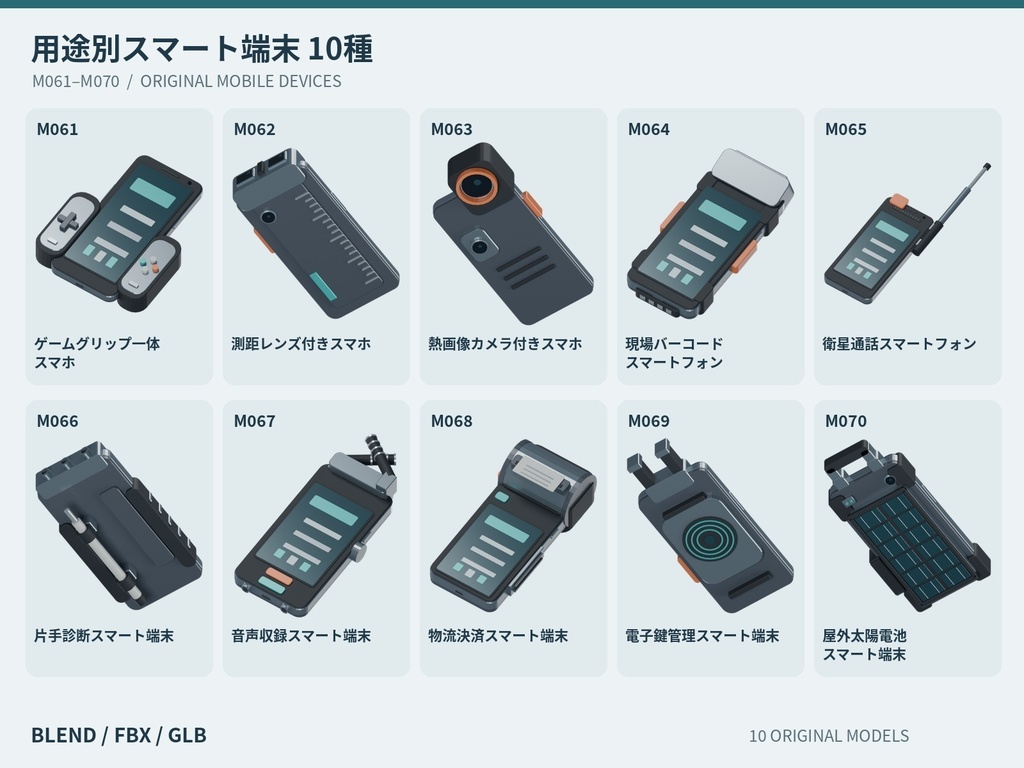 【3Dモデル素材】携帯端末 07｜用途別スマート端末10種｜単品・10点セット