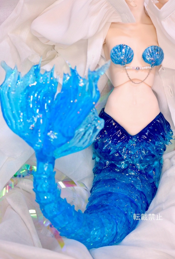 【ブルー】ドール用 1/3〜1/4 サイズ 可動 人魚ボディー セミホワイト