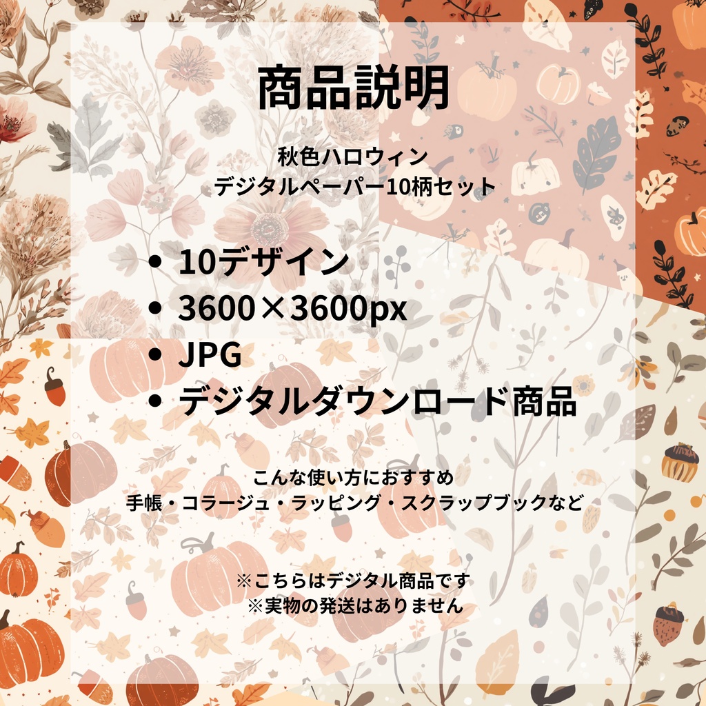 【商用利用OK】秋色ハロウィン デジタルペーパー10柄セット|黒猫・かぼちゃ・紅葉・月