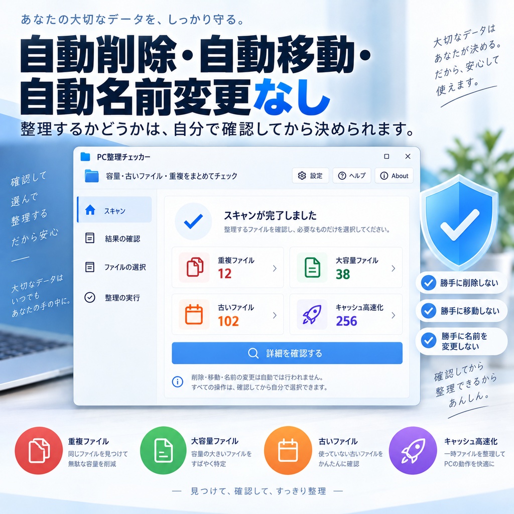 PC整理チェッカー v1.0.0|重複・大容量・古いファイルを安全に確認するWindowsツール