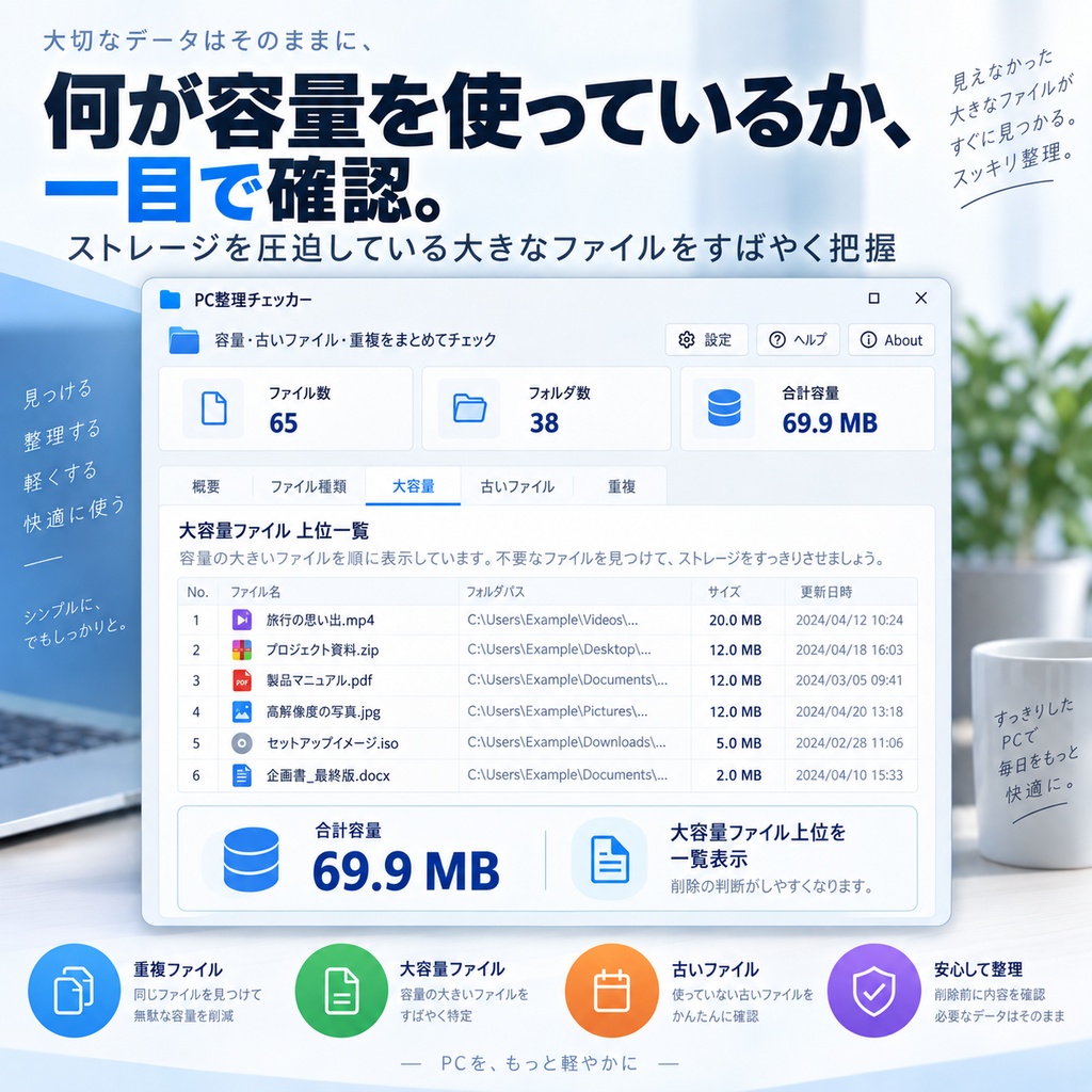PC整理チェッカー v1.0.0|重複・大容量・古いファイルを安全に確認するWindowsツール