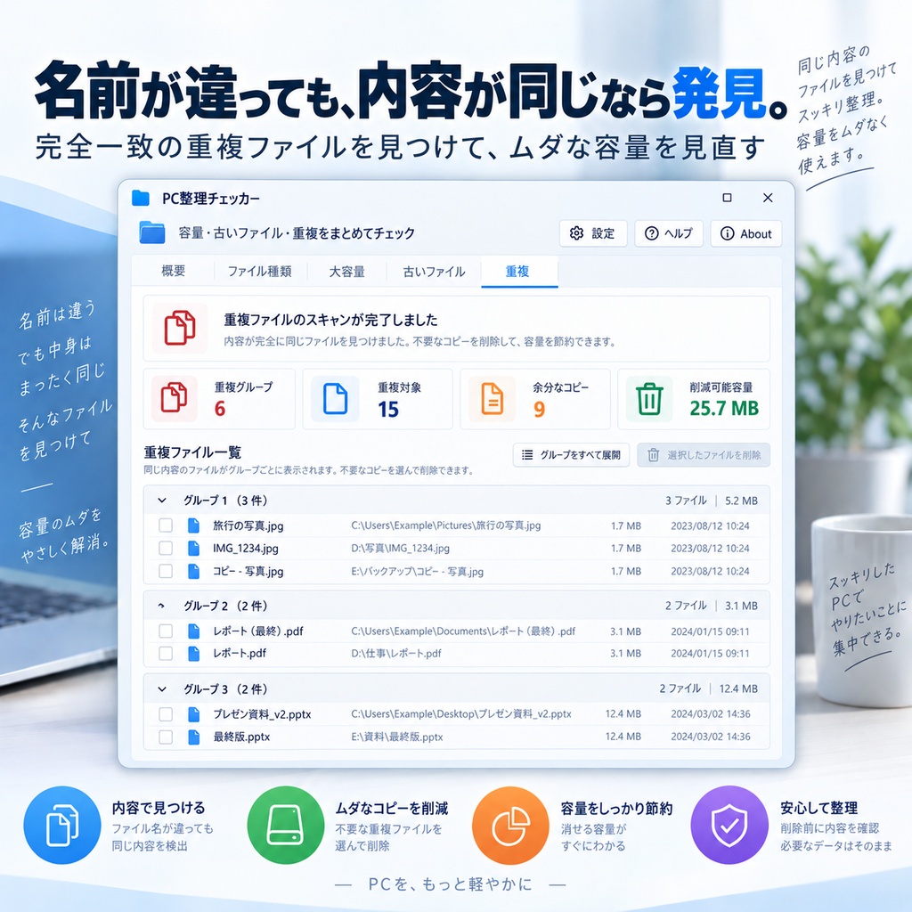 PC整理チェッカー v1.0.0|重複・大容量・古いファイルを安全に確認するWindowsツール