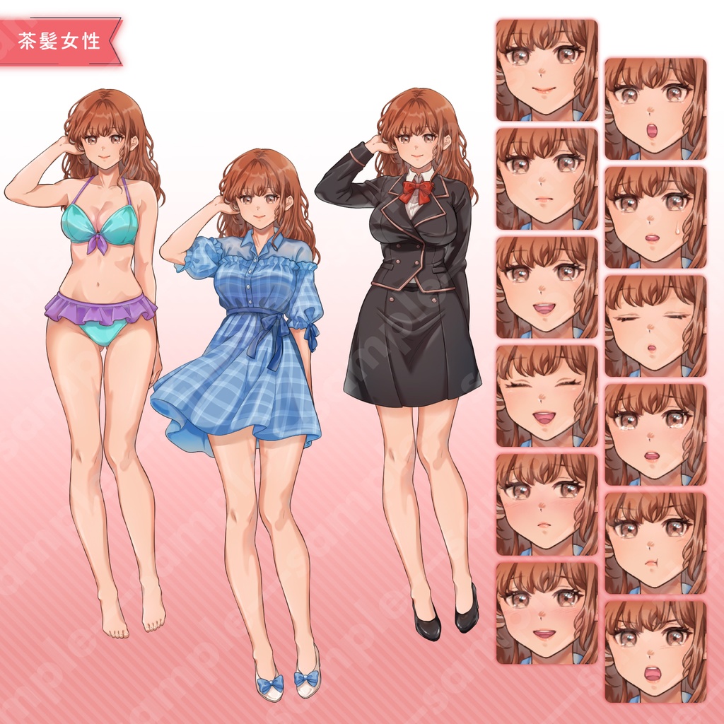 【立ち絵素材】枕元で囁く彼女イラスト|女性・大学生・会社員10~20代キャラクター|髪色4色・衣装3種・表情差分12種類(商用OK・全144点)