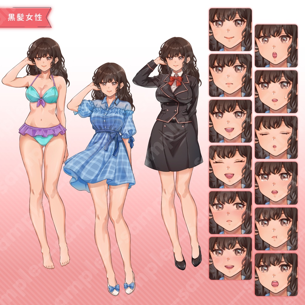 【立ち絵素材】枕元で囁く彼女イラスト|女性・大学生・会社員10~20代キャラクター|髪色4色・衣装3種・表情差分12種類(商用OK・全144点)